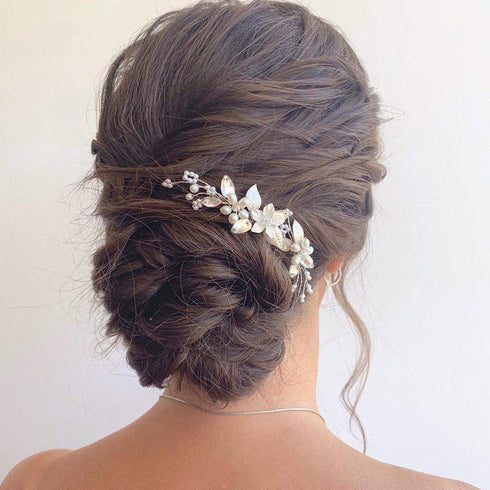 Unicra Bridal Flower Hair Pins, Wedding Pearl Hair Piece Crystal Accessories for Women and Girls (Pack of 3) (A-Silver)