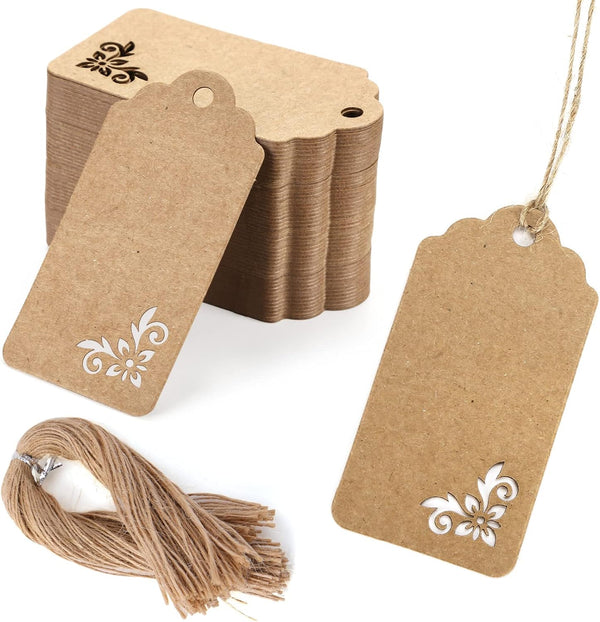 Koogel 100pcs Kraft Paper Tags with String - Party Favor Gift Tags for Wedding, Baby Shower, Bridal Shower