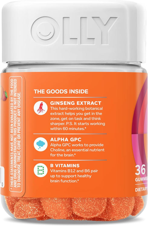 Gummy, 36 Count OLLY Laser Focus Ginseng, Alpha GPC, B Vitamins, Berry Tangerine Flavor