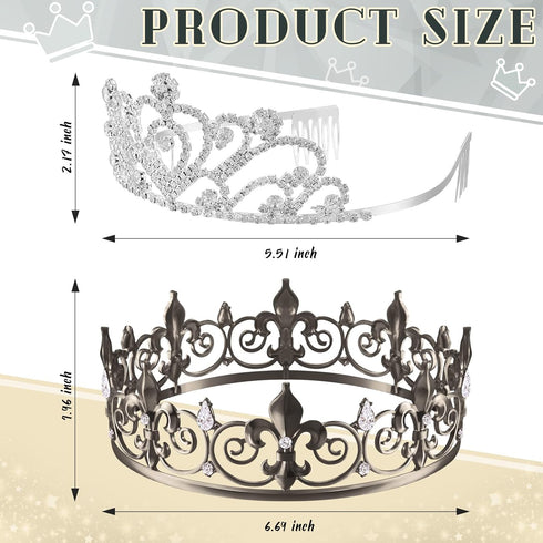 King Crown 2 Pcs Royal Metal Crystal Tiara Crown for Men, Women, Bridegroom, Bride, Princess for Weddings