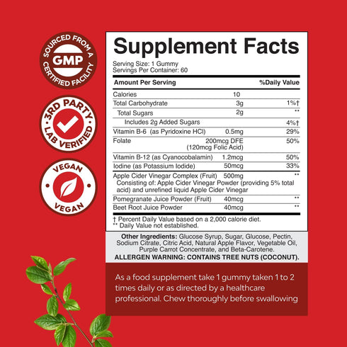 Apple Cider Vinegar Gummies for Weight Loss, Detox & Gut Health Support - 60 Count ACV Chews with B12