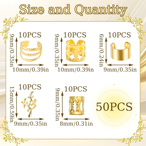 NAISKA 50Pcs Gold Hair Jewelry - Adjustable Hair Rings and Non-Piercing Ear Cuffs for Women and Men