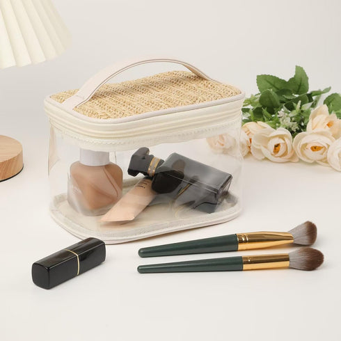 Boho Large Clear PVC Waterproof Makeup Bag with Handle, Transparent Zipper Cosmetic Bag for Travel & Beach (Beige)