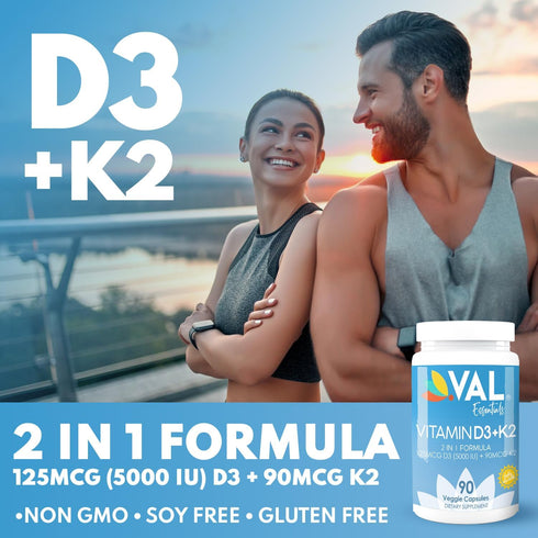 VAL Essentials Vitamin K2 + D3 Supplement, 5000 IU D3 & 90 mcg K2 MK-7, Non-GMO, 90 Vegetarian Capsules
