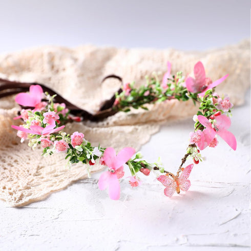 MOSTORY Pink Elf Flower Crown Handmade Fairy Headpiece Floral Tiara Woodland for Women Girls Spring Wedding