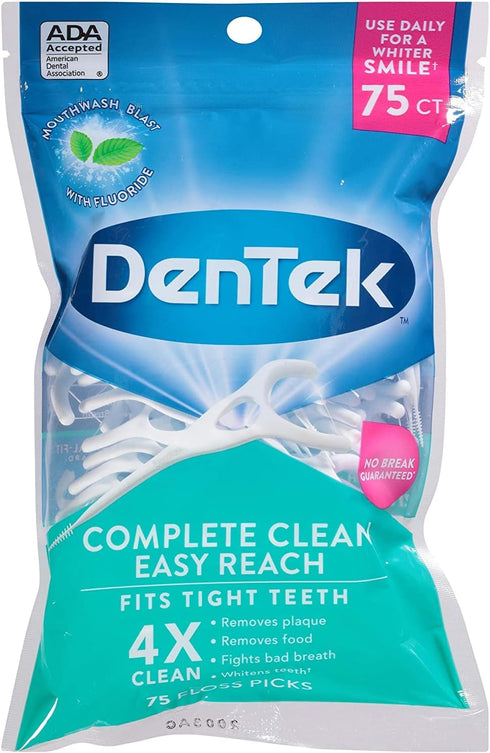 DenTek Complete Clean Easy Reach Floss Picks, No Break & No Shred Floss, 75 Count (Pack of 12)