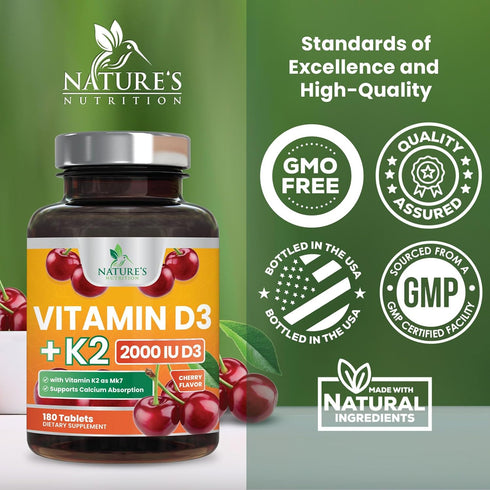 Vitamin D3 K2 2000 IU Plus with K2 (MK-7) 75 mcg, Vitamins D & K Complex Supplement for Bone and Heart Health