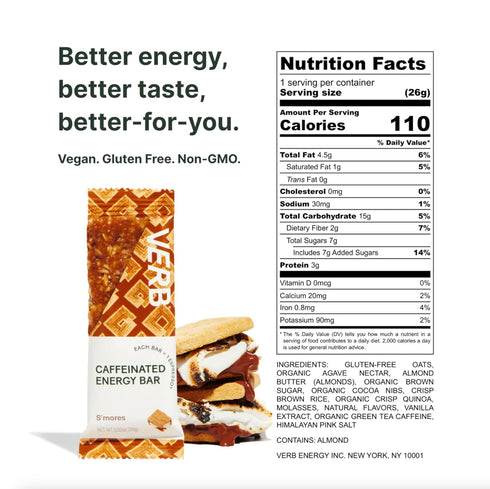 Verb Energy - S'mores Caffeinated Snack Bars, 110-Calorie Low Sugar Vegan Nutrition Bars, Pack of 16