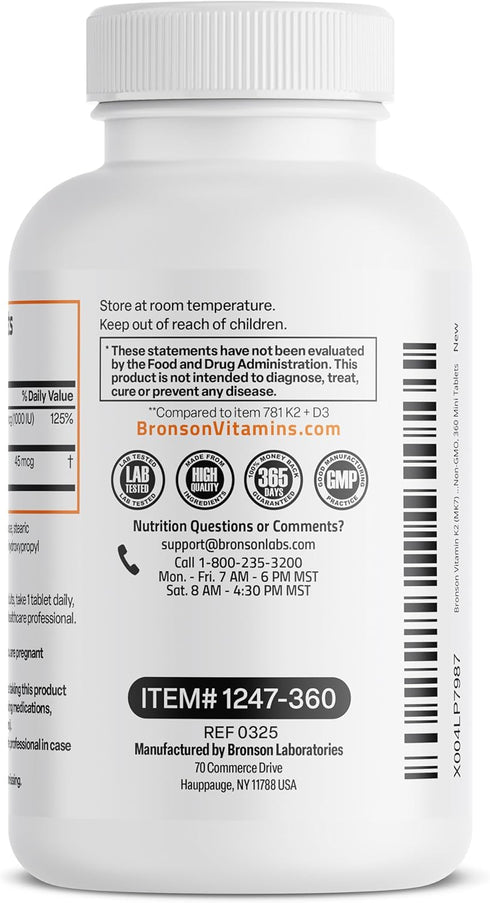 K2 (MK7) D3 45mcg K2 1000 D3 2 1 360 Bronson Vitamin with Lower Dose Vitamin & IU Vitamin Easy to Swallow Daily