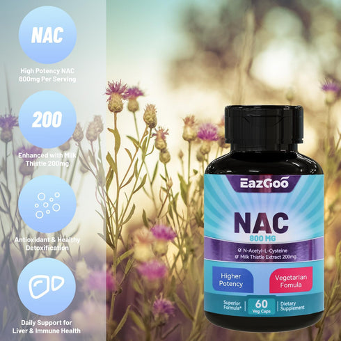 NAC Supplement N-Acetyl Cysteine 800mg with Milk Thistle 200mg - 60 Non-GMO Gluten Free Capsules