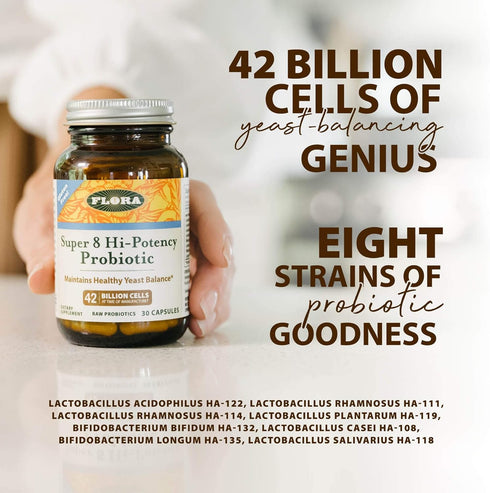 Flora Super 8 Hi Potency Probiotics - 30 Count - 42 Billion CFU, Raw, Gluten Free - Healthy Yeast Balance & Digestive