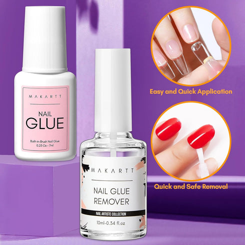 Makartt Nail Glue Kit with Brush on Nail Glue 7ML, Glue Remover for Press on Nails 10ML,5ML Cuticle Oil,5 Wooden Sticks Tools,All in One Nail Art Supplies for Glue on Nails Kit
