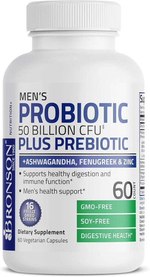 Bronson Men's Probiotic | 60 Vegetarian Capsules | 50 Billion CFU Plus Prebiotic with Ashwagandha, Fenugreek & Zinc,