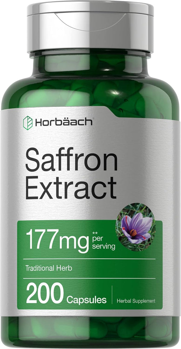 Horbaach Saffron Extract Capsules, 177 mg, 200 Count, Non-GMO, Gluten Free Supplement