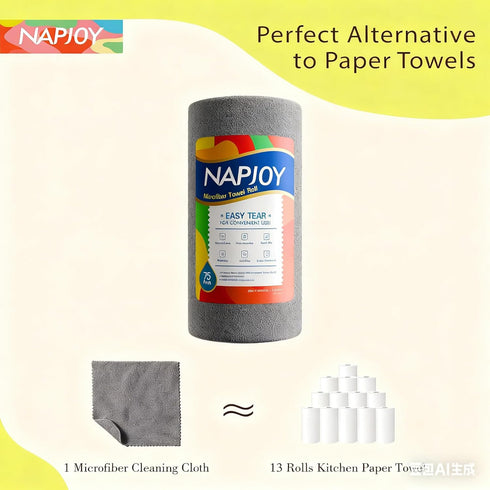 Napjoy 75PK 12" 12", Microfiber Cleaning Cloth Roll, Easy Tear Away Reusable Paper Towels, x Lint-Free and Scratch-Free