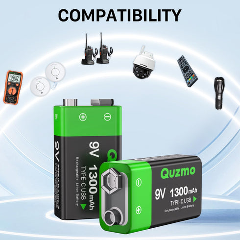 2-Pack Rechargeable 9 Volt Lithium-ion Batteries 1300mAh Long Lasting Power, USB-C Recharge with 2 in 1 Charging Cable
