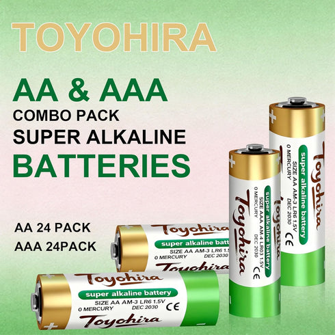 Toyohira 48 Pack 24 24 1.5V 5-Year AA and AAA Batteries Combo - Double A + Triple A Alkaline Batteries - Long-Lasting