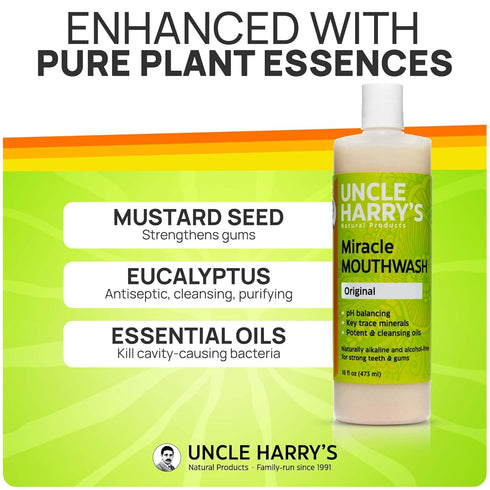 Uncle Harry's Natural Alkalizing Miracle Mouthwash - pH Balanced Oral Care for Adults & Kids - 16 fl oz - Bad Breath