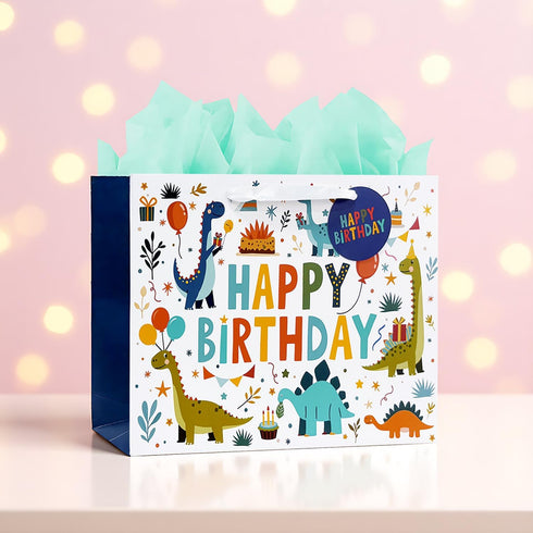 LEAYUGF 13.8" Large Dinosaur Gift Bag with Tissue Paper and Card For Kids Boys Birthday Dinosaur Themed Party Supplies
