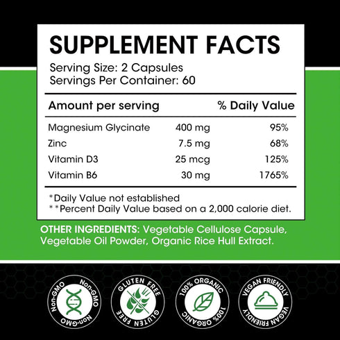 (2 Pack) Magnesium Glycinate Capsules - 400mg with Zinc, Vitamin D3 & B6, 120 Vegan Capsules for Support