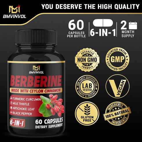 Berberine Supplement with Ceylon Cinnamon, Turmeric, Artichoke, Milk Thistle - Berberine HCl Supplement Pills - 60