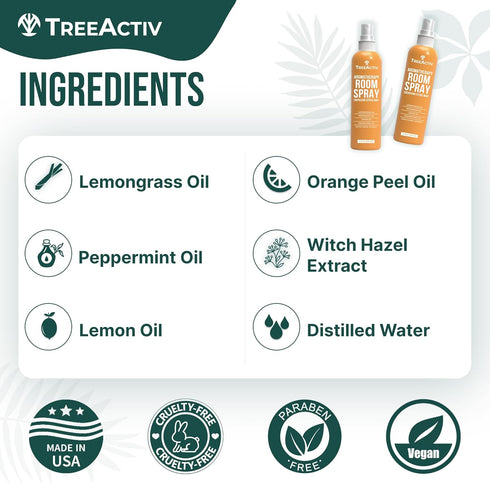 TreeActiv Aromatherapy Room Spray, 4 oz, Natural Citrus Air Freshener, Essential Oil Odor Eliminator