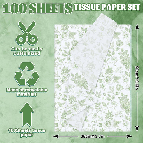 Whaline 100 Sheets Elegant Floral Tissue Paper Green Flower Gift Wrapping Paper Decorative DIY Art Craft Tissue Paper for Spring Wedding Birthday Baby Shower Supplies, 13.7 x 19.6 Inch by Whaline