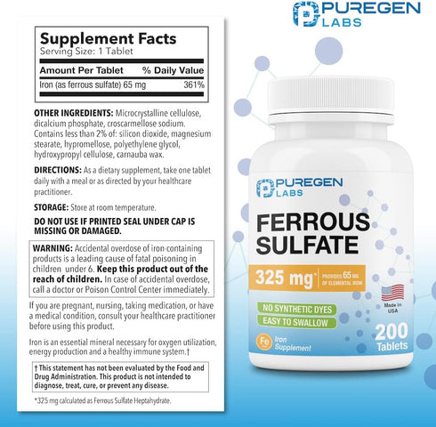 Puregen Labs Ferrous Sulfate 325 mg (65 mg Elemental Iron) High Potency Iron Supplement | No Artificial Color Additives - 200 Tablets Made in USA