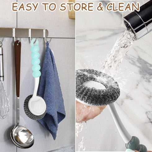 Stainless Steel Scrubber Dish Brush with Handle, Metal Scrubbers for Cleaning Dishes, Pots, Pans, Grills, Sinks