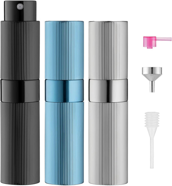LISAPACK 8ml Stripe Perfume Atomizer Spray Bottle, 3pcs Travel Cologne Sprayer (Black, Silver, Blue)