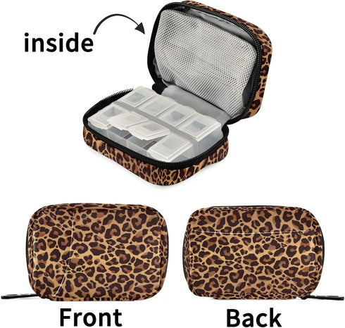 Ollabaky 7 Marble Leopard Print Pill Case Day Pill Organizer Travel Pill Case Portable Weekly Pill Box Bag Container