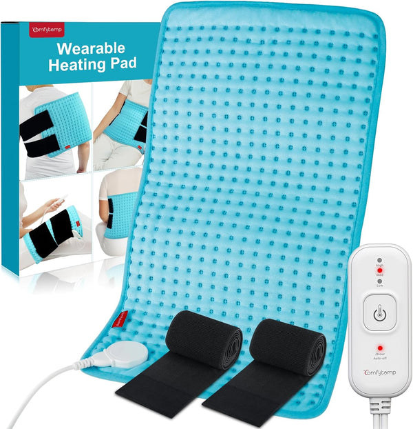 Comfytemp Wearable Heating Pad for Back Pain Relief - 12"×24" Electric Large Heat Pad with 2 Elastic Straps