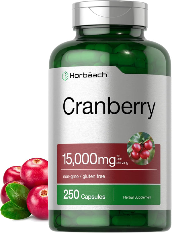 Horbaach Cranberry Pills + Vitamin C, 15,000mg, 250 Capsules, Non-GMO, Gluten Free Supplement