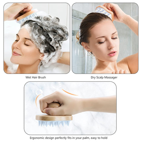 Scalp Massager Shampoo Brush, Wooden Wet and Dry Hair Scalp Care Brush, Exfoliator with Soft Silicone Bristles