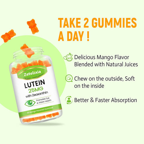 Lutein Gummies 25mg, 60 Count, Eye Vitamins Lutein & Zeaxanthin, Sugar Free Eye Health Supplements for Adults