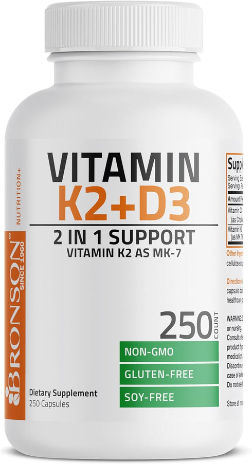 Bronson Vitamin K2 (MK7) with D3 Supplement - 5000 IU Vitamin D3 & 90 mcg Vitamin K2 MK-7, 250 Capsules