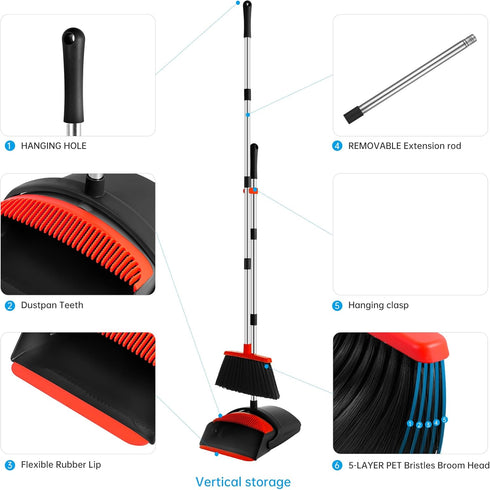 Broom and Dustpan Set, Indoor Broom with Dust Pan Combo for Home, Office, Kitchen, Lobby & Pet Hair Cleaning