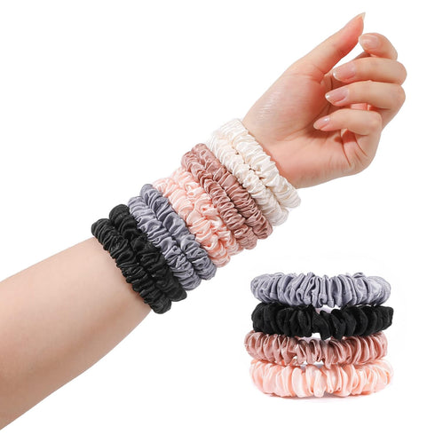 Silk Satin Hair Ties Scrunchies, Small Mini Thin Elastic Ponytail Holders, No Crease Hair Ties for Thick Curl Hair,