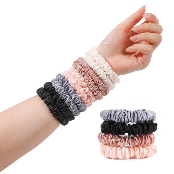 Silk Satin Hair Ties Scrunchies, Small Mini Thin Elastic Ponytail Holders, No Crease Hair Ties for Thick Curl Hair,