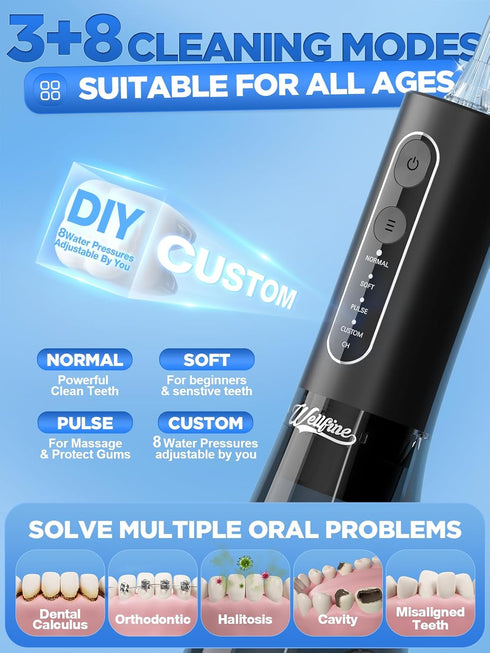 WELLFINE Water Dental Flosser Teeth Pick, 4 Modes Cordless Oral Irrigator, 300ML Portable and Rechargeable