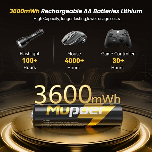 Mupoer 3600mWh,1.5V Outdoor,8 Pack 2A Rechargeable AA Lithium Batteries with Box Rechargeable AA Lithium Batteries