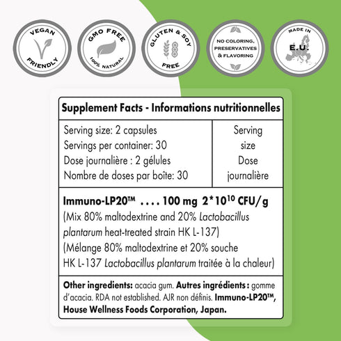Supersmart Lactobacillus Plantarum PostBiotic, 20 Billion CFU, Heat-Treated Probiotic Supplement, 60 Vegetarian Capsules