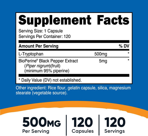 Nutricost L-Tryptophan 500mg, 120 Capsules - with BioPerine, Gluten Free, Non-GMO