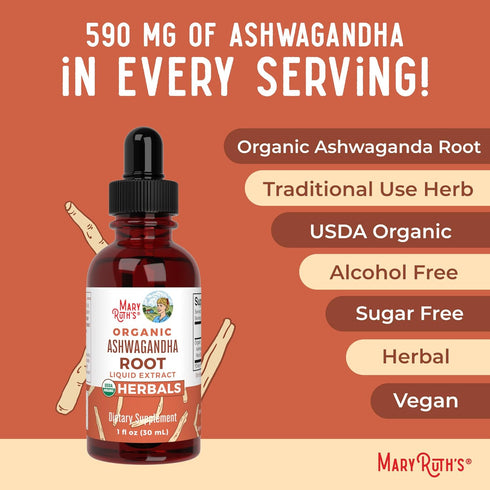 MaryRuth Organics USDA Organic Ashwagandha Root Liquid Drops, Stress Relief, Natural Calm, 60 Servings