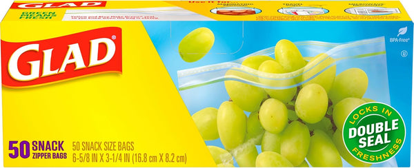 Glad Zipper Food Storage Plastic Bags, Snack Size, 50 Count (Packaging May Vary)