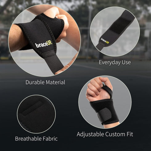 BraceUP Adjustable 2 Wrist Wraps for Men and Women, Workouts Wrist Band, Carpal Tunnel Compression Wrist Brace,