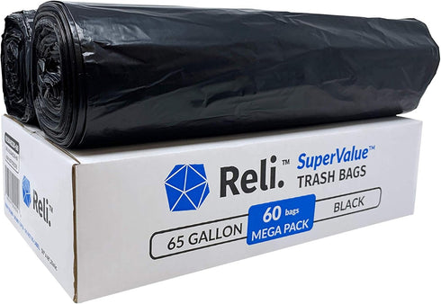 Reli. SuperValue 65 Gallon Heavy Duty Trash Bags | 60 Count | Made in USA | Black Multi-Use Garbage Bags