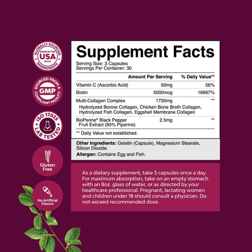 Advanced Multi Collagen Complex - Biotin and Collagen Supplement for Men and Women - Type 1 2 3 5 & X Collagen Pills