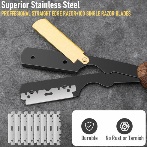Premium Barber Straight Razor with 100 Single Edge Blades, Stainless Steel Shaver for Men Home & Salon