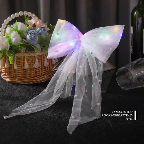 Jeairts Led Veil Bridal Bow Clip, Glowing White Tulle Hair Piece with Clip, Bachelorette Party Accessories for Women